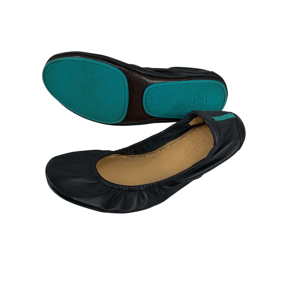 Tieks Black Leather Ballet Flats with Teal Heel Womens 7